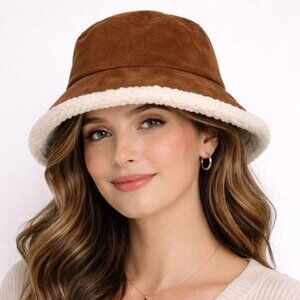 Isotoner Sherpa Lined Faux Suede Bucket Hat Cognac Repels Rain Snow NWT